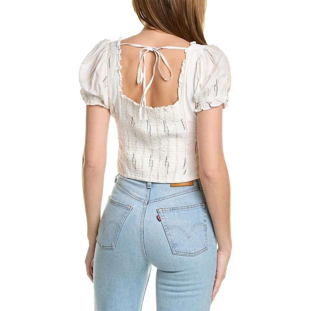 Free People Small New Seratonin Corset Top Cotton Peasant Cop Puff Sleeve White